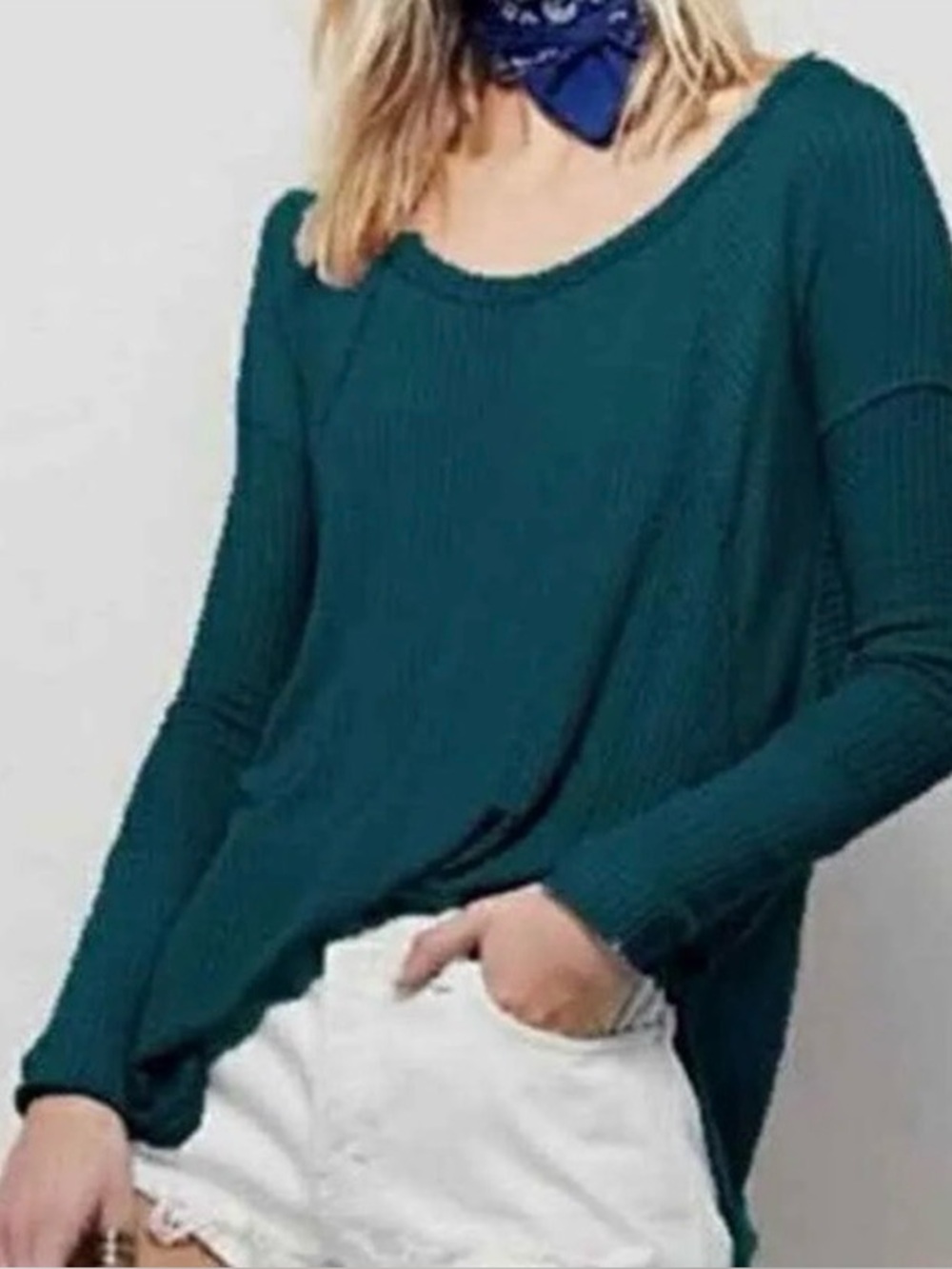 Free People Ventura Teal Waffle Thermal Long Sleeve Top